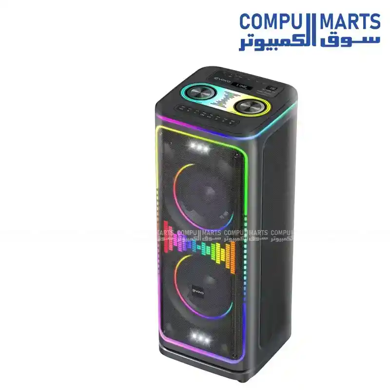 VOVO V-2930 Double 8 Inch Party Speaker 60W with 12V 10000mAh Battery, Bluetooth, USB, FM and LED Lights