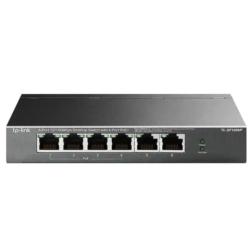 سويتش تي بي لينك 4 منافذ 10/100 ميجابت في الثانية +PoE + منفذين (RJ45) 10/100 ميجابت في الثانية 67 وات TL-SF1006P Unmanaged Desktop
