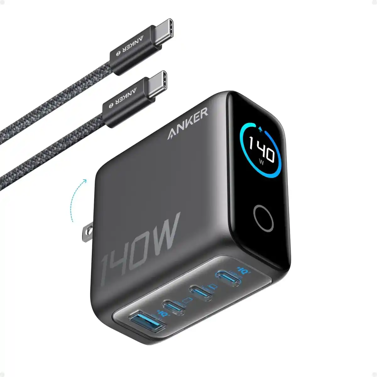 شاحن انكر 140 وات GaN لابتوب 4 منافذ PD 3.1 مزود بكابل USB-C - ضمان محلي | B2697GZ1
