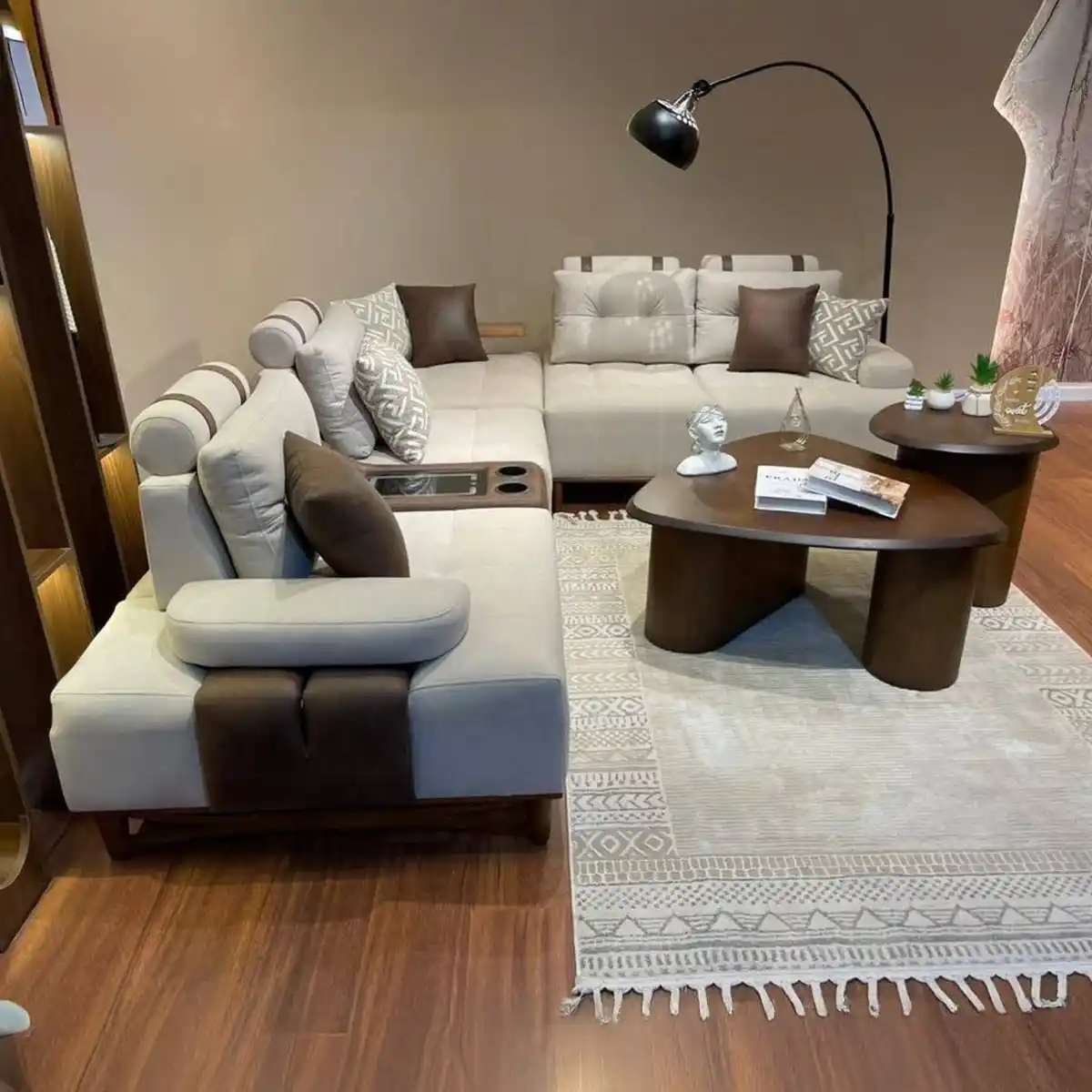 White Beech Wood and Towel Fabric L-Shape Sofa - Grey and Brown