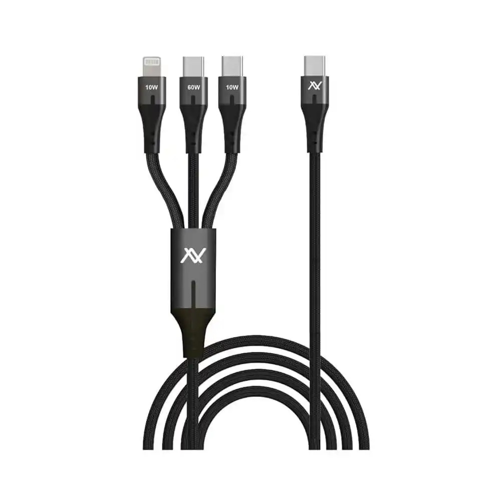لافينتو (MP363) كابل شحن سريع 3in1 من USB-C الي USB-C مزدوج و لايتنينج طوله 3 متر- أسود