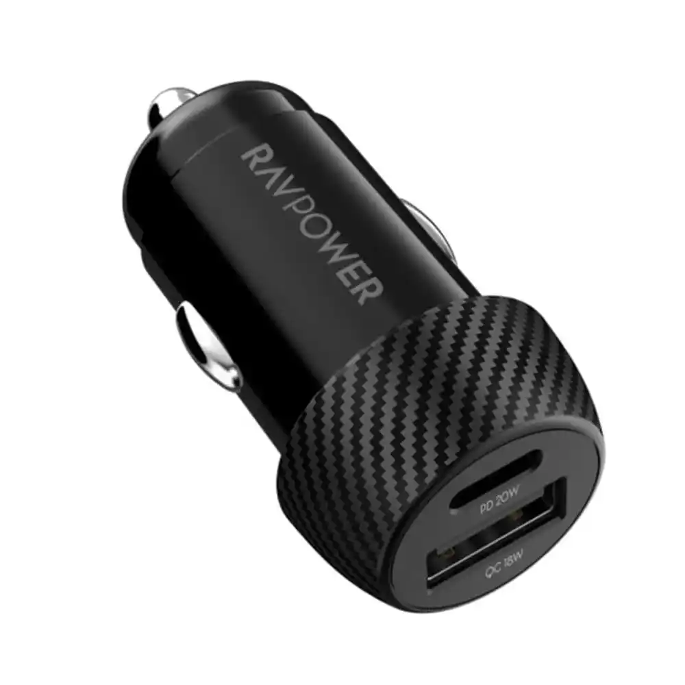 راف باور شاحن سيارة بقوة 20 وات 2 مخرج  (1 × USB-A & 1 × USB-C) - أسود