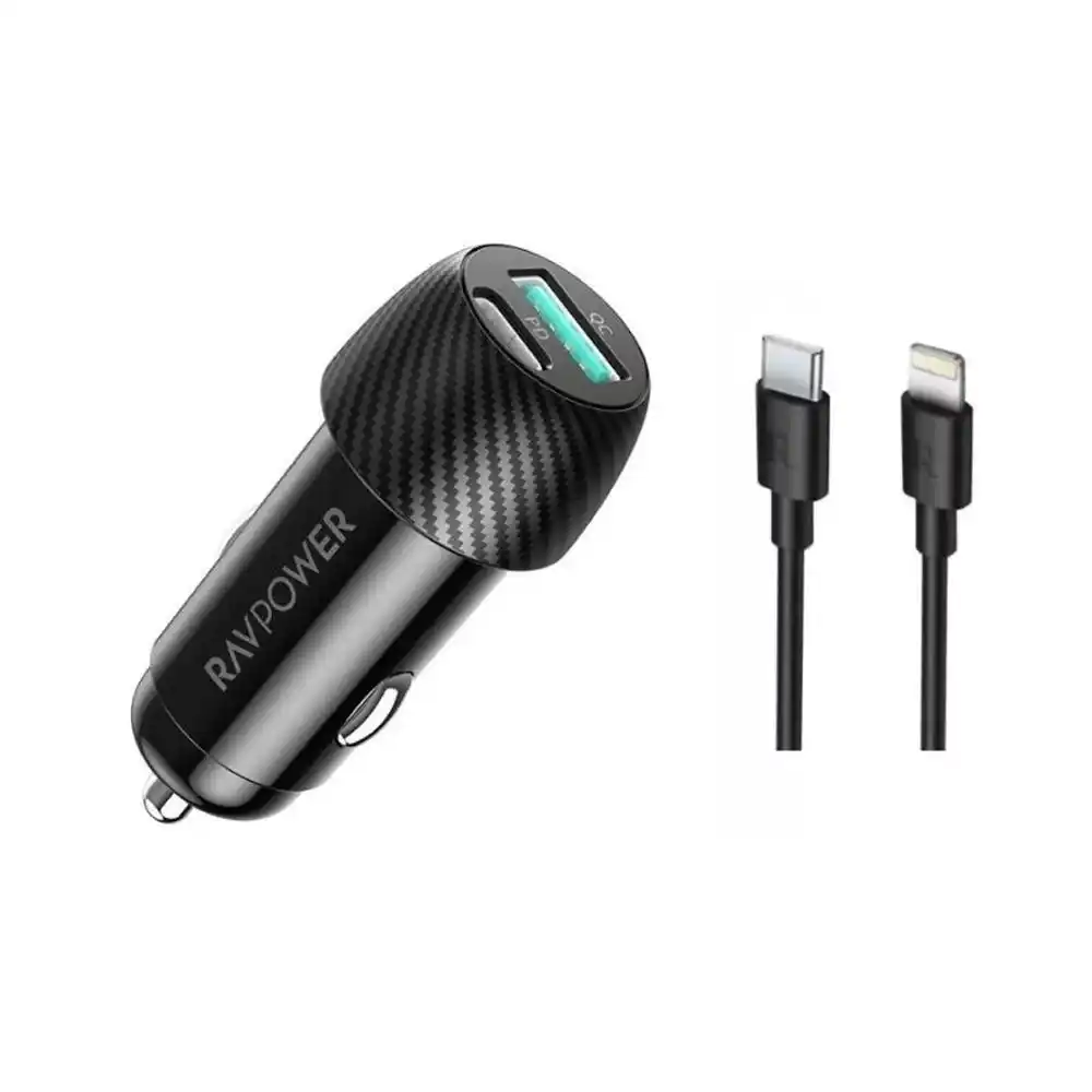 ريف باور شاحن سيارة بقوة 49  وات 2 مخرج Type-C & Type-A + كابل USB-C To Lightning موديل RP-VC031 - أسود