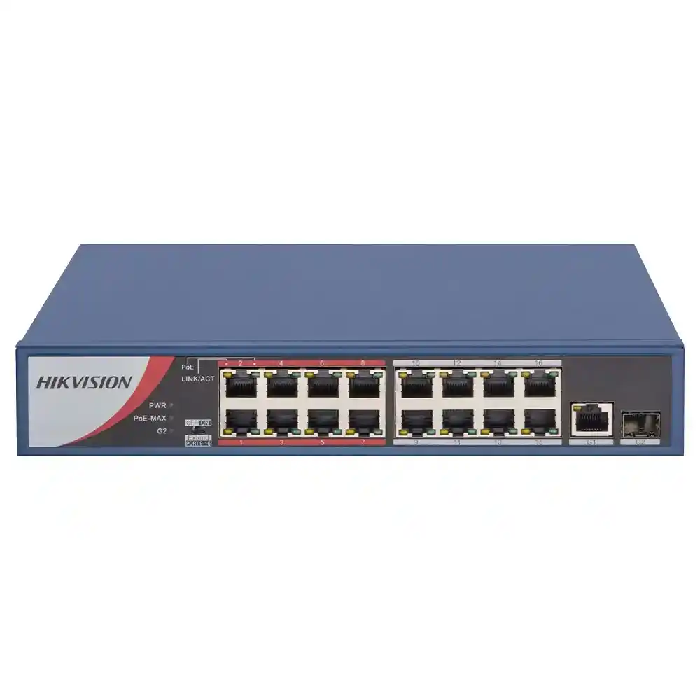سويتش هيكفيجن 16 منفذ 10/100 ميجابت في الثانية PoE + منفذ (RJ45) 10/100/1000 ميجابت في الثانية Uplink + منفذ (SFP) 10/100/1000 ميجابت في الثانية Uplink فايبر اوبتكال DS-3E0318P-E/M(B) Unmanaged Rackmount