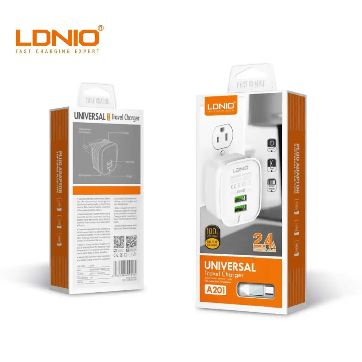 شاحن سفر Ldnio DL-AC66 بقوة 2.4A بتقنية Auto-ID مع كابل ماكرو