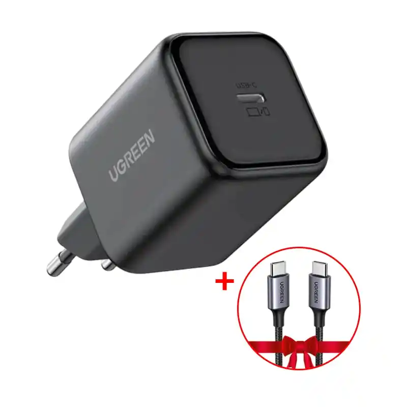 UGREEN 45W GaN Fast Charger - USB-C - EU Plug - Black + UGREEN USB-C to USB-C ROUND CABLE (60w) Braided BLACK