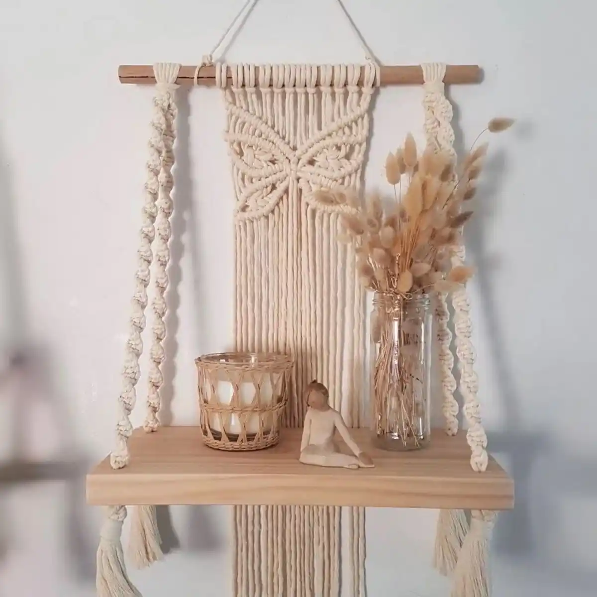 رف مكرميه قطن وخشب ام دى اف أوف وايت وبيج - 40×70 سم