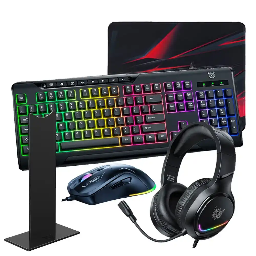 كيبورد + ماوس + ماوس باد + سماعة رأس + حامل سماعه الراس اونيكوما سلكي RGB جيمنج كومبو 5 في 1 إنجليزي TZ5008 - اسود