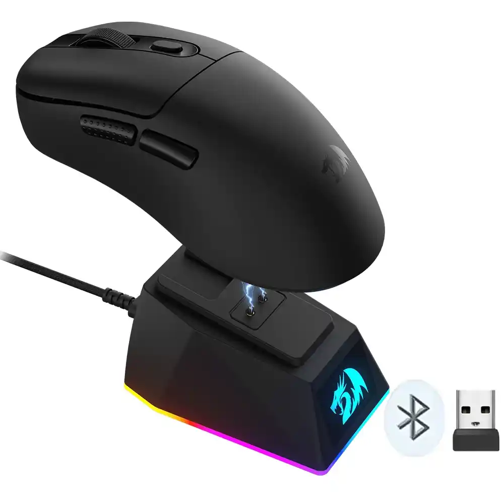 ماوس ريدراجون لاسلكي و سلكي بلوتوث قابل للشحن ثلاثي الوضع RGB جيمنج 24000 نقطة فى البوصة مع قاعدة شحن مغناطيسية Ebony M998-STD-1K