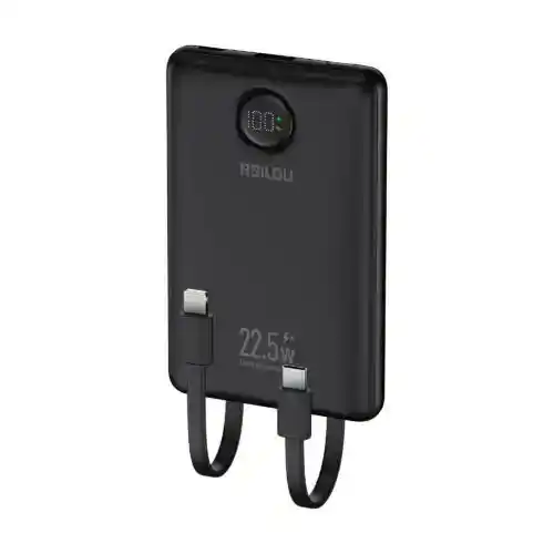 باور بانك RSILOU بسعة 10000 مللي أمبير، 22.5 وات PD مع كابلات USB-C وLightning مدمجة وشاشة رقمية – R1023-001 – أسود