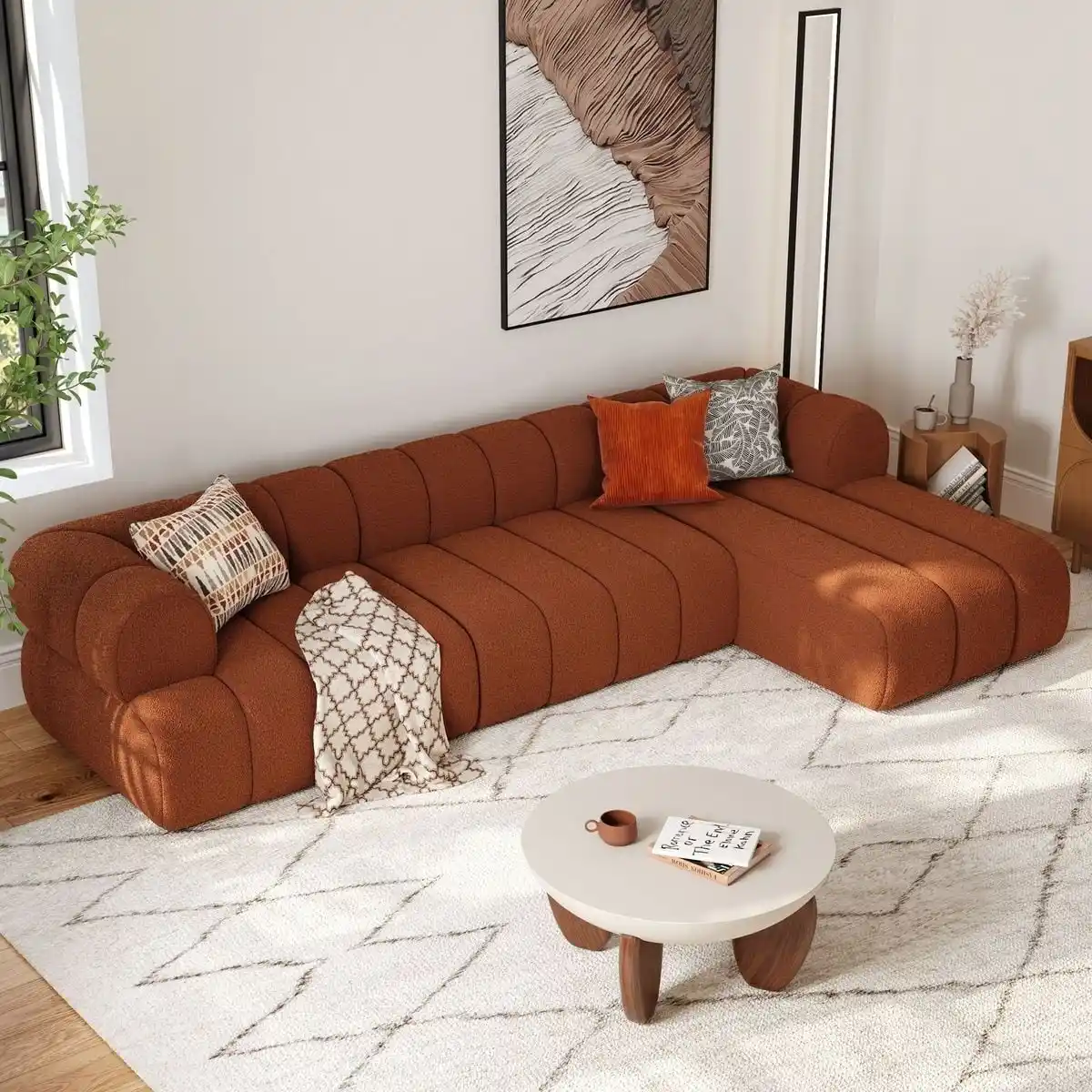 White Beech Wood and Towel Fabric L-Shape Sofa - Orange