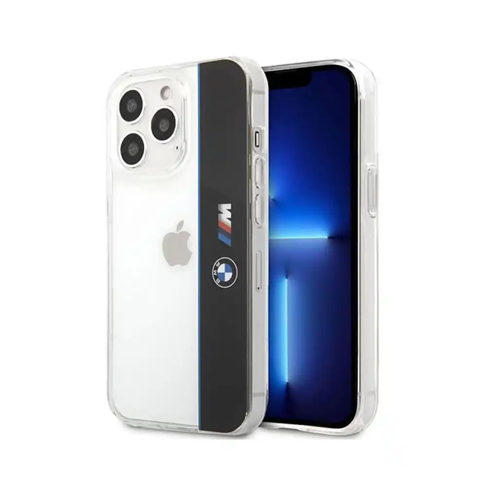 بي أم دبليو جراب ظهر لهاتف أيفون 13 برو ماكس M Collection مصنوع من PC/TPU بخط أزرق عمودي و خط أسود 6.7" - شفاف