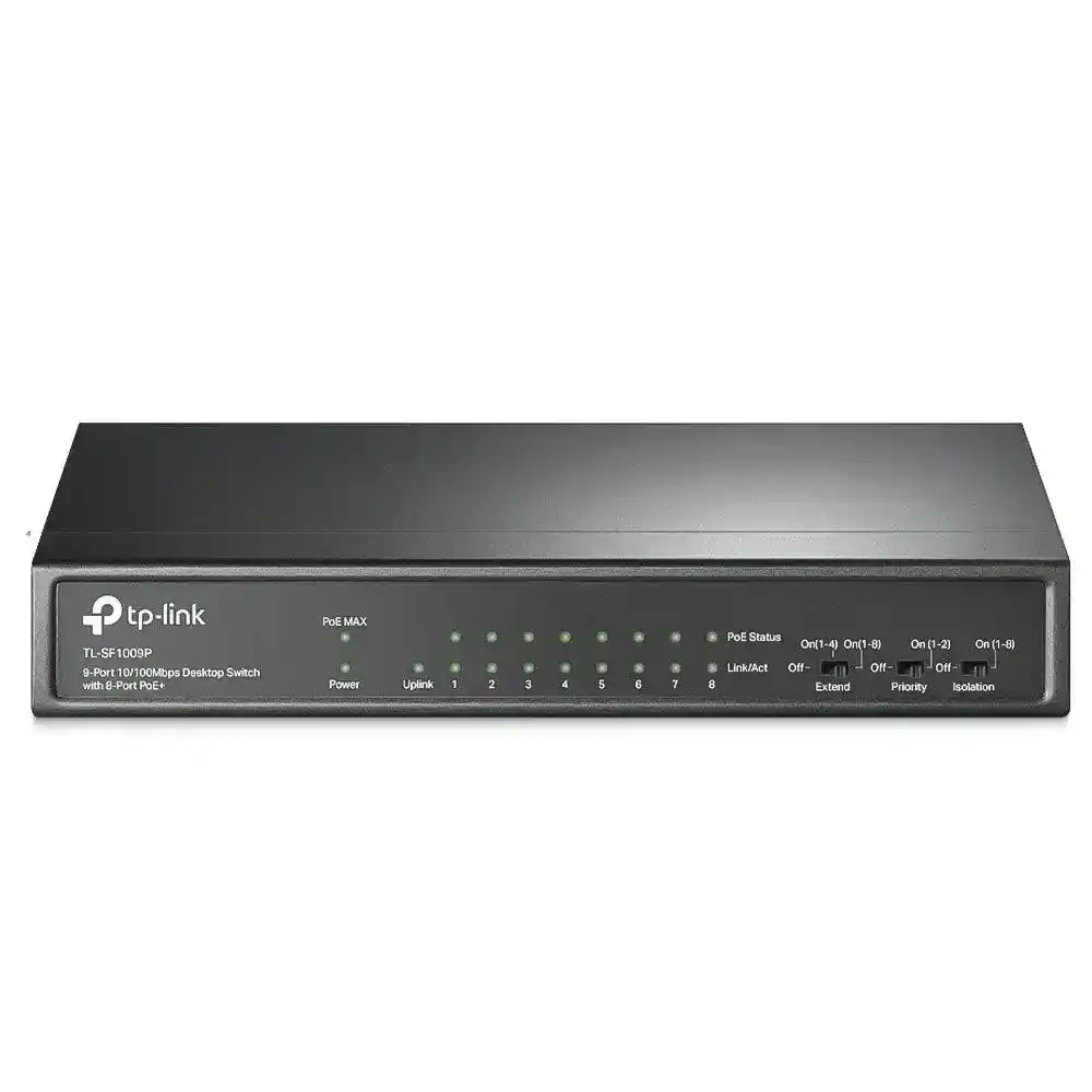 سويتش تي بي لينك 8 منافذ 100/10 ميجابت في الثانية +PoE + منفذ (RJ45) 100/10 ميجابت في الثانية 65 وات Uplink TL-SF1009P Unmanaged Desktop