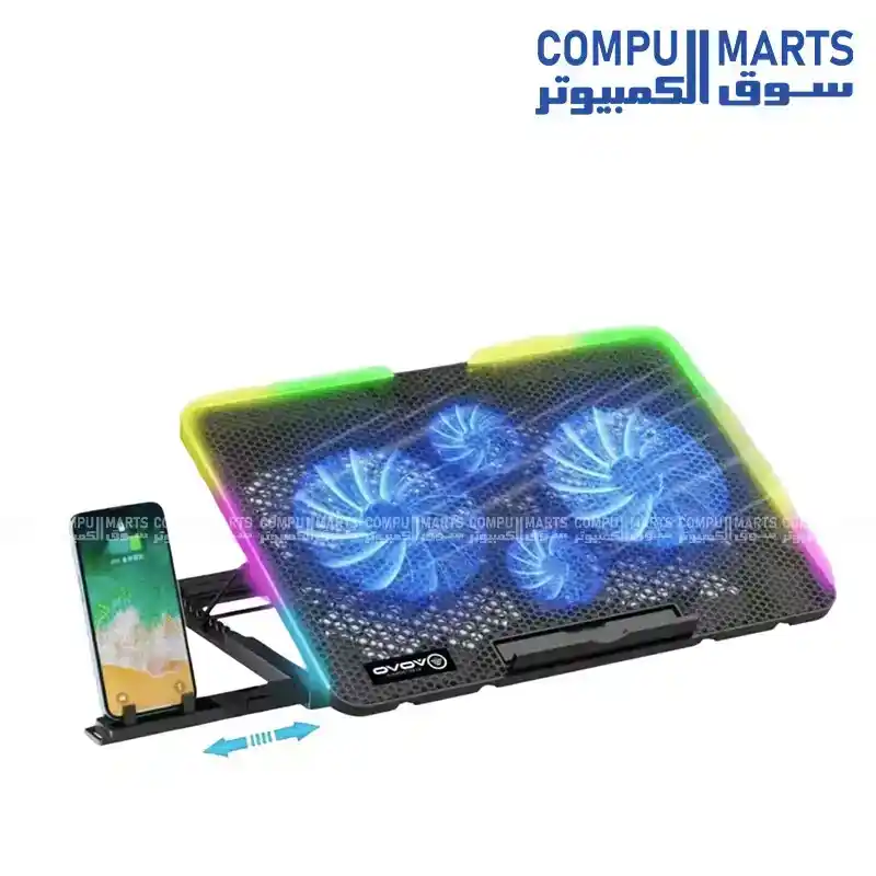 VOVO V-06 Laptop Cooling Pad with 4 Fans, 1400 ±10% RPM, RGB LED Display, Adjustable Fan Speed Control, 7 Height Adjustable Ergonomic Stand, Dual USB Ports, Metal Mesh, 385 × 270 mm, 764 g