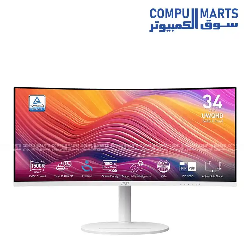 MSI Modern MD342CQPW 34" Curved Monitor UWQHD 3440x1440 120Hz 1ms VA USB-C 98W HDR FreeSync Premium Ultrawide Display