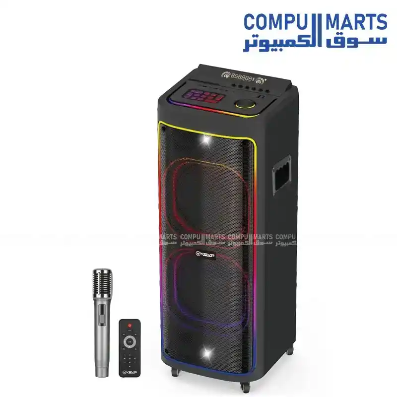 VOVO V-1295 Dual 12 Inch Party Speaker 100W with 12V 10000mAh Graphene Battery, Bluetooth, USB, FM, LED Lights and 2 Wireless Microphones