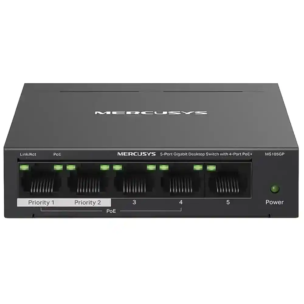 سويتش ميركوسيس 4 منافذ 1000/100/10 ميجابت في الثانية PoE+ + منفذ (RJ45) 1000/100/10 ميجابت في الثانية 65 وات MS105GP Unmanaged Desktop