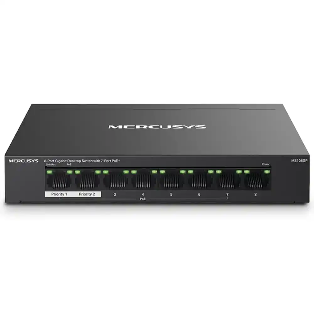 سويتش ميركوسيس 7 منافذ 1000/100/10 ميجابت في الثانية PoE+ + منفذ (RJ45) 1000/100/10 ميجابت في الثانية 65 وات MS108GP Unmanaged Desktop