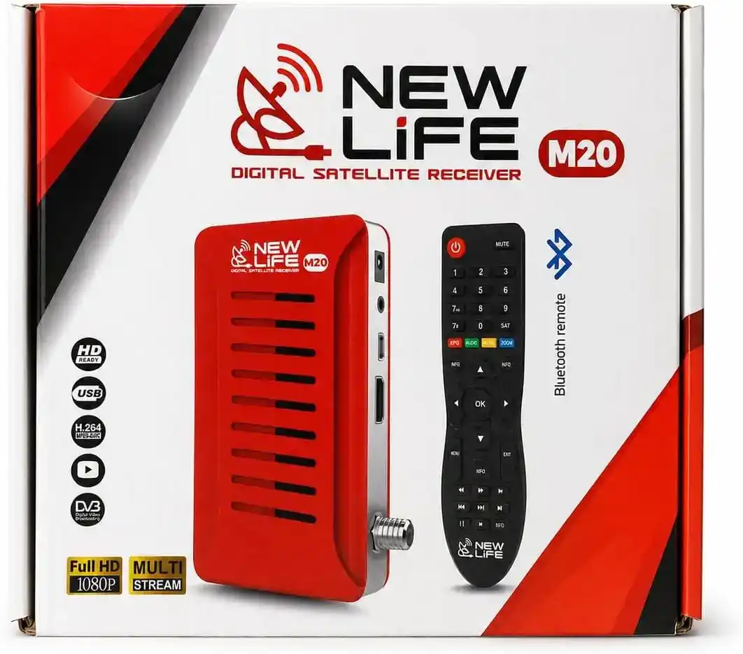 مستقبل ستالايت الرقمي M20 من نيو لايف، مستقبل DVB-S2 FHD 1080P، فك تشفير H.265/MPEG-4، ذاكرة 5000 قناة، دعم الوسائط المتعددة USB 2.0، DiSEqC وUSALS