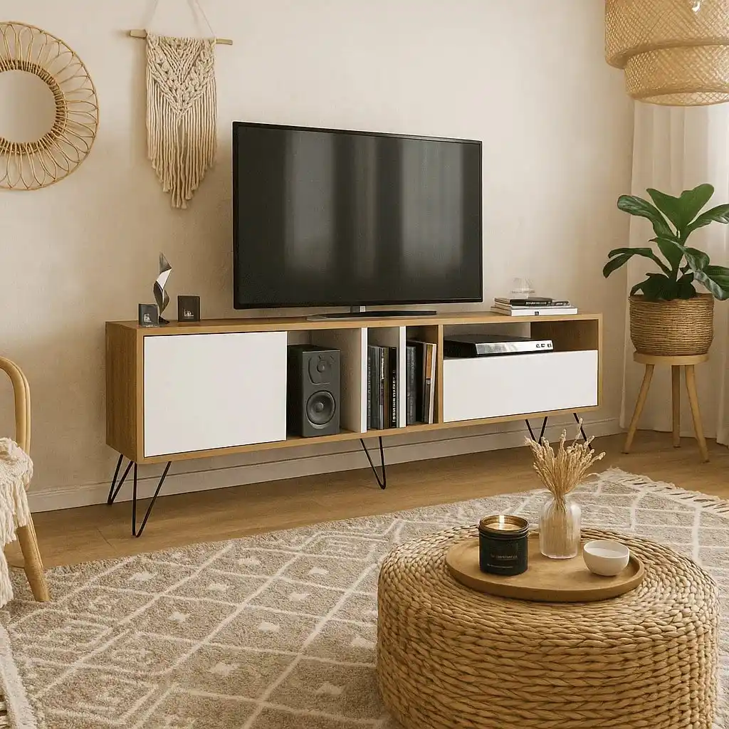 ترابيزة تليفزيون خشب ام دي اف، 180×35×50 سم - بيج أبيض