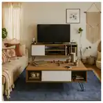 ترابيزة تليفزيون خشب صناعي 1 درفة، 160×30×53 سم مع ترابيزة وسط خشب صناعي 2 درفة، 100×50×44 سم - بيج أبيض