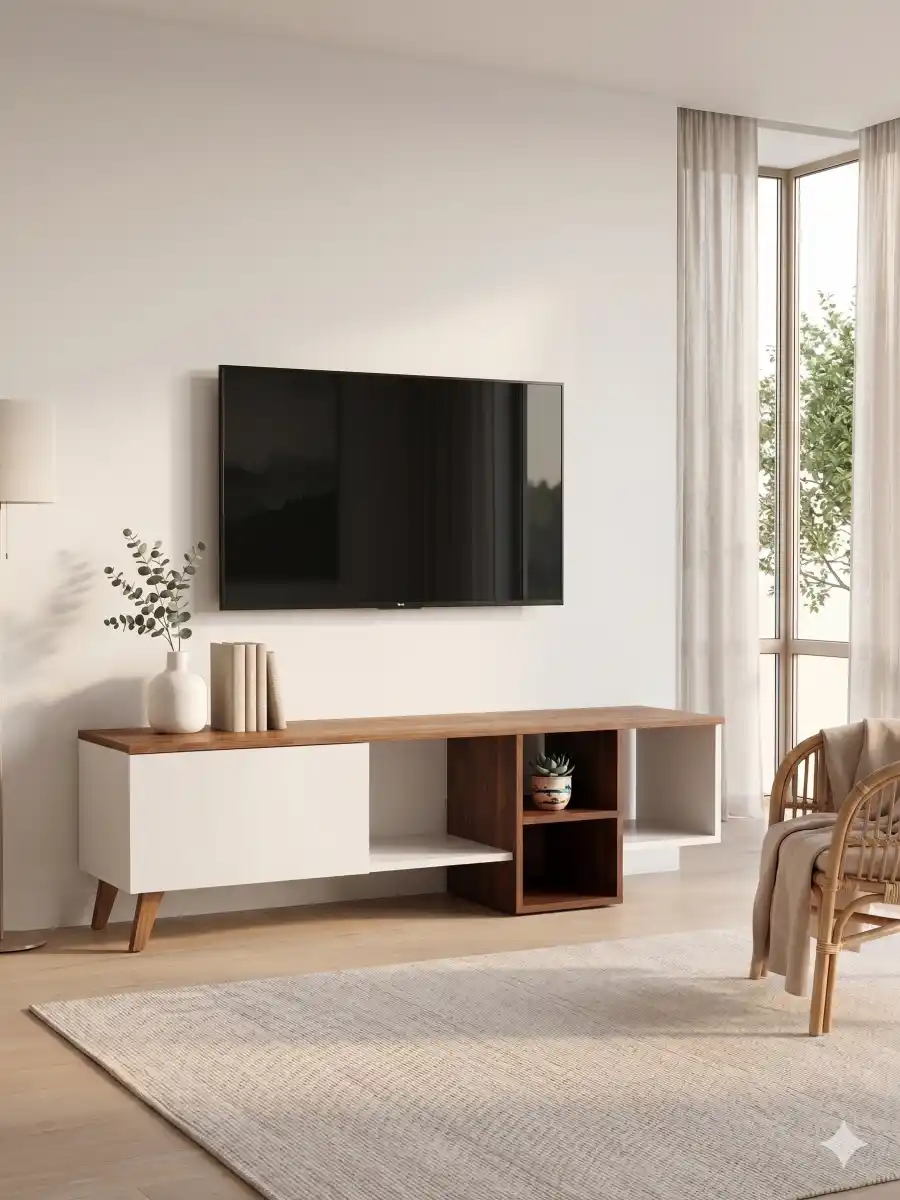 ترابيزة تليفزيون خشب صناعي، 160×35×47 سم - بني أبيض