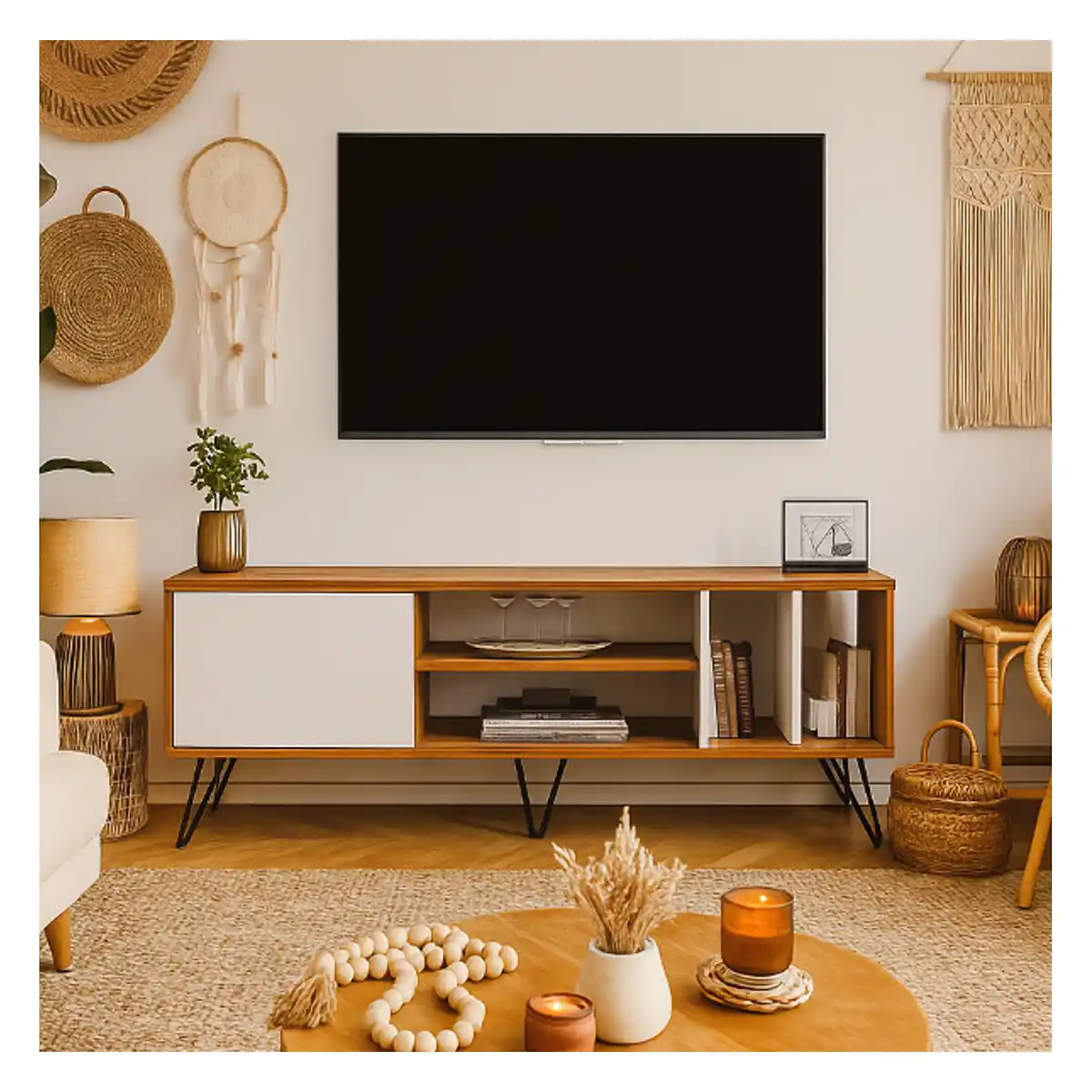 ترابيزة تليفزيون خشب صناعي، 160×35×53 سم - بيج أبيض