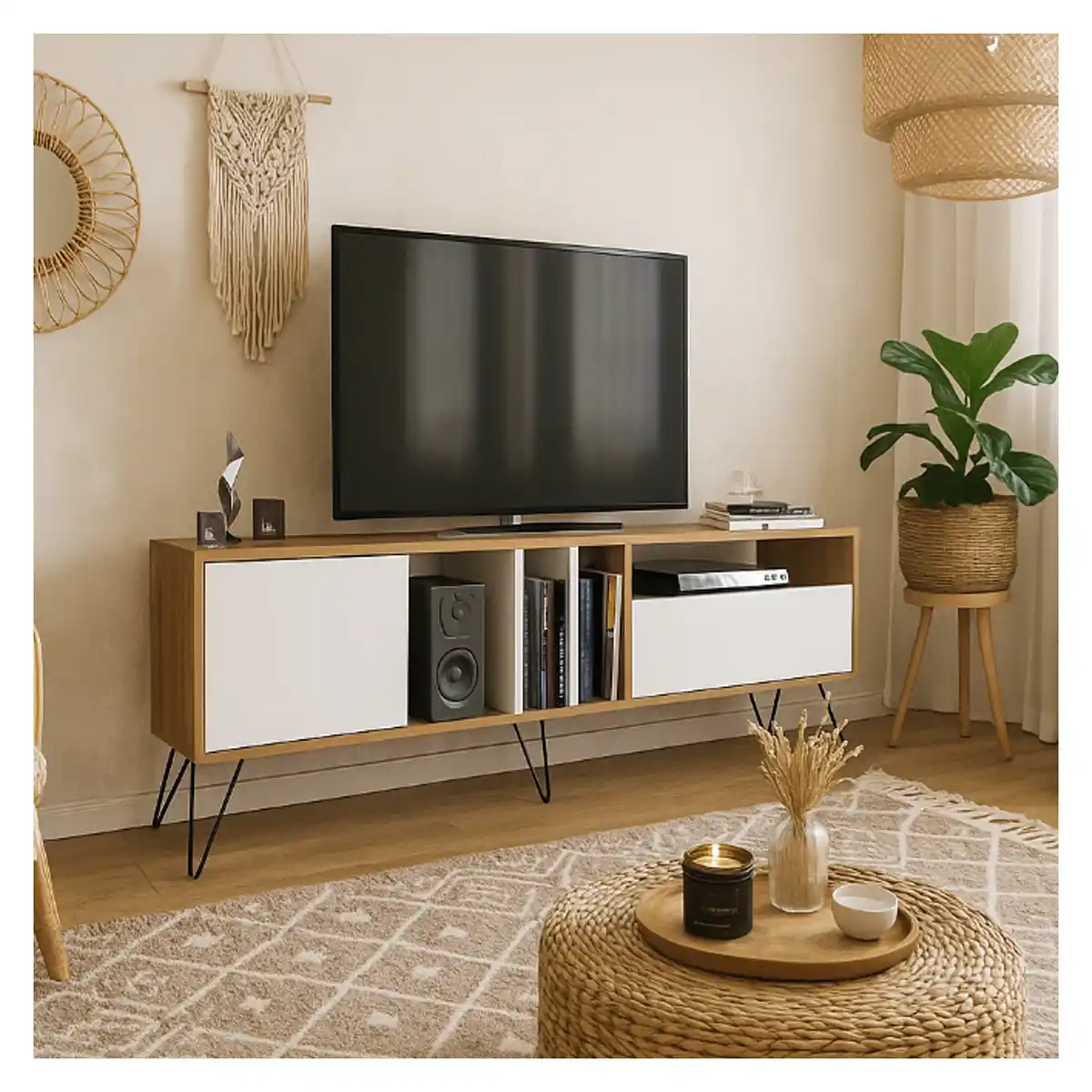 ترابيزة تليفزيون خشب صناعي، 180×35×53 سم - بيج أبيض