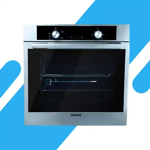 فرن أوشن غاز 60 سم INOX بباب زجاج أسود – شواية غاز – شواية دوارة – Air Fryer – شاشة LED – تنظيف كاتاليتيك – موديل OOGR 65 IECF2 SV