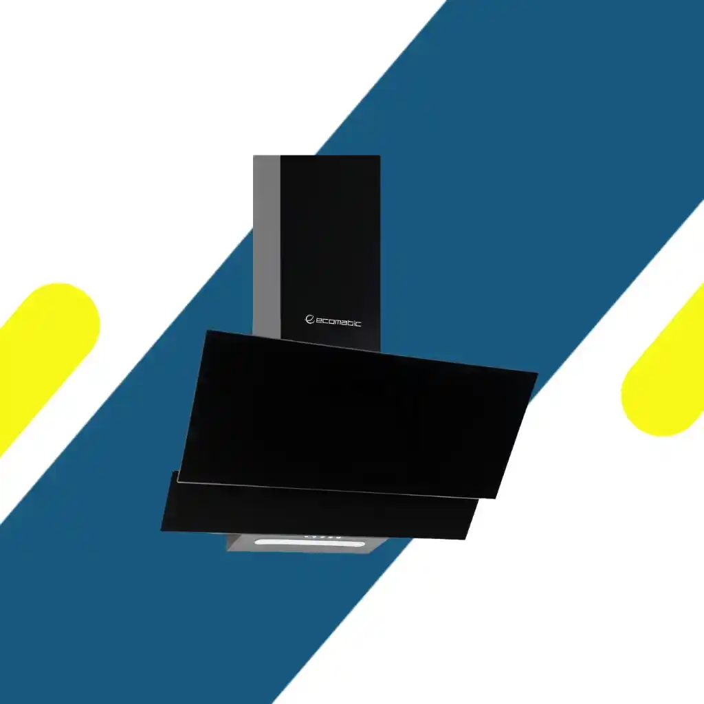 شفاط مطبخ إيكوماتيك (Ecomatic) ديكوري مائل 60 سم زجاج كريستال أسود قوة 1000 م³/ساعة – موديل H610MRB