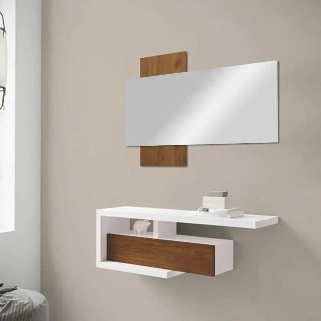 تسريحة زجاج و إم دي إف أبيض وبني - 150×100×35 سم