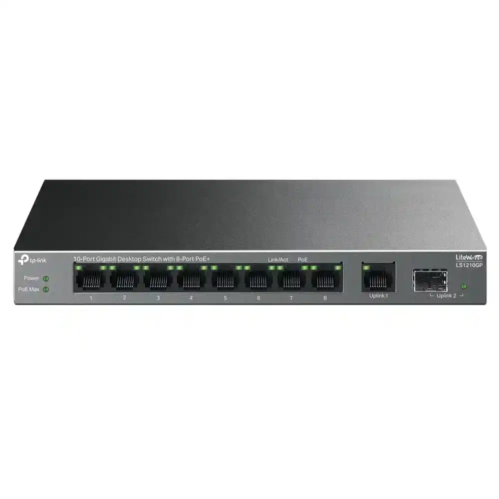 سويتش تي بي لينك 8 منافذ 1000/100/10 ميجابت في الثانية +PoE + منفذ (RJ45) 1000/100/10 ميجابت في الثانية + منفذ (SFP) 1000/100/10 ميجابت في الثانية 61 وات LS1210GP Unmanaged Desktop