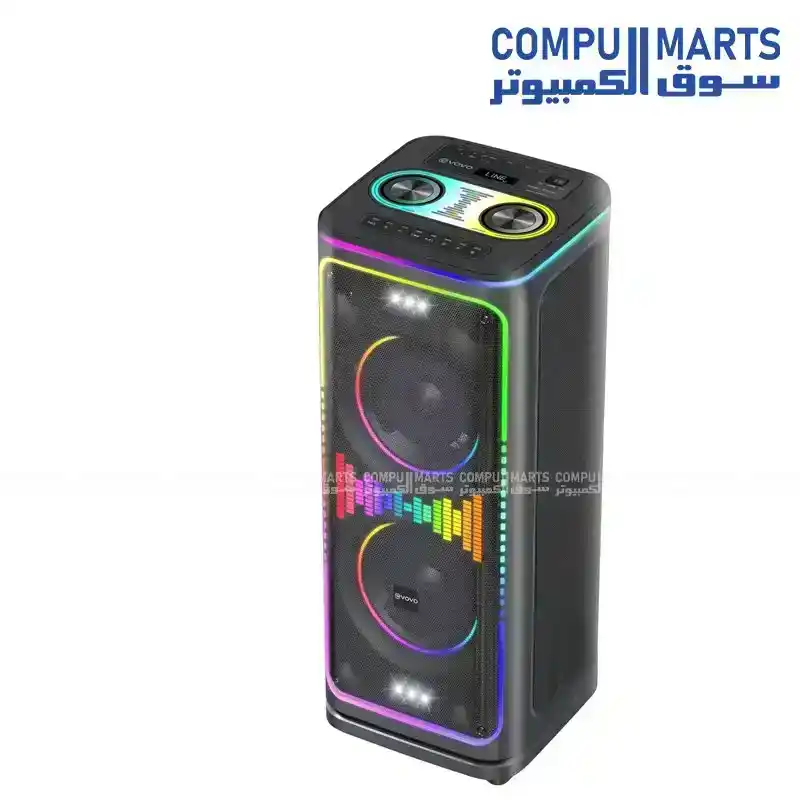 VOVO V-2930 Double 8 Inch Party Speaker 60W with 12V 10000mAh Battery, Bluetooth, USB, FM and LED Lights