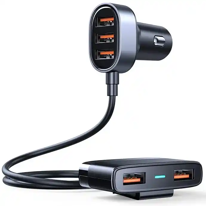 شاحن سيارة IQ جوي روم JR-CL03 - مع 5 منافذ USB-A - مع كابل ممتد للمقاعد الخلفية - ضمان محلي
