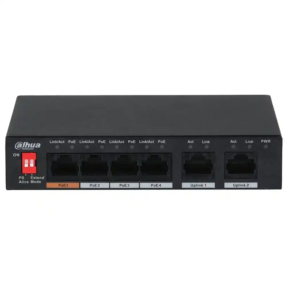سويتش داهوا 4 منافذ 10/100 ميجابت في الثانية PoE + منفذين (RJ45) 10/100 ميجابت في الثانية 60 وات DH-PFS3006-4ET-60 Unmanaged Desktop Uplink