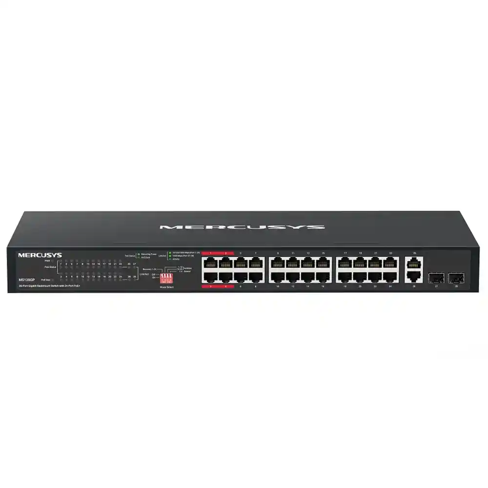 سويتش ميركوسيس 24 منفذ 1000/100/10 ميجابت في الثانية PoE+ + منفذين (RJ45) 1000/100/10 ميجابت في الثانية Uplink + منفذين (SFP) 10/100/1000 ميجابت في الثانية 295 وات MS128GP Unmanaged Rackmount