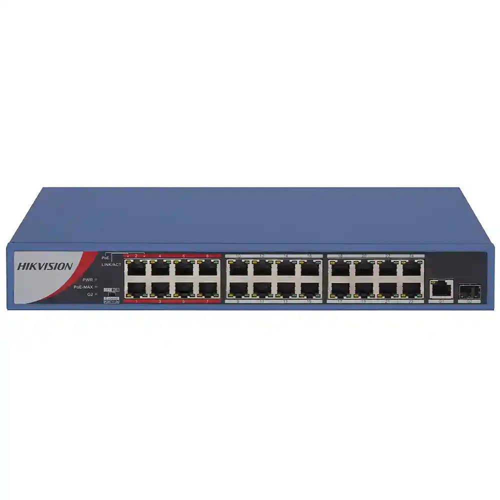 سويتش هيكفيجن 24 منفذ 10/100 ميجابت في الثانية PoE + منفذ (RJ45) 10/100/1000 ميجابت في الثانية + منفذ (SFP) 10/100/1000 ميجابت في الثانية فايبر اوبتيكال 230 وات DS-3E0326P-E/M(B) Unmanaged Desktop