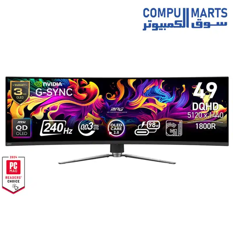 MSI MPG 491CQPX QD-OLED 49-inch QD-OLED 5120 x 1440 (DQHD) Computer Monitor, 240Hz, Adaptive-Synch, HDMI, Display Port, VGA Port, VESA Mountable, Tilt, Height Adjustable, Speaker, 0.03ms