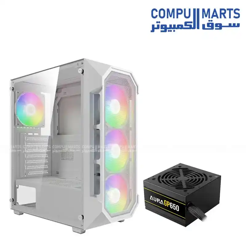 GAMDIAS AURA GC1 Elite WH Mid-Tower ATX Gaming Case White with Tempered Glass and 4 x 120mm RGB Fans, Supports 6 x 120mm Fans + PSU AURA 650W Shroud, Tool-Free Installation