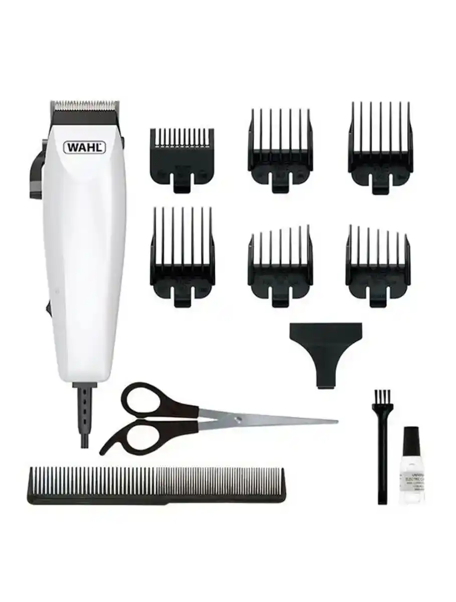 وول طقم ماكينة حلاقة الشعر Easy Cut مع 6 أمشاط توجيه وشفرات ذاتية الشحن - أبيض - 093143326