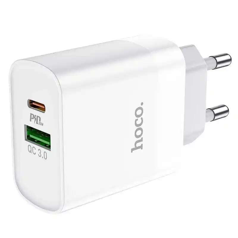 شاحن حائط هوكو C80A بقدرة 20 وات PD بمنفذي USB-A وUSB-C - أبيض