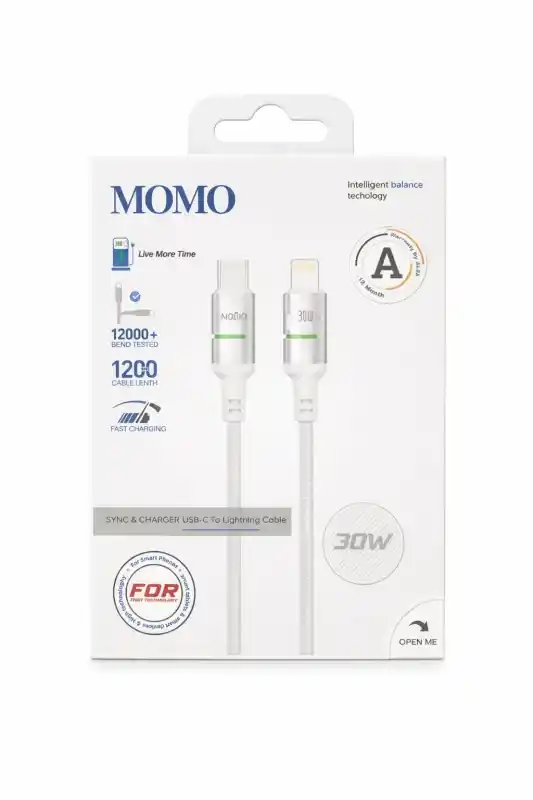 كابل MOMO USB Type-C إلى Lightning   للشحن السريع 30 واط بطول 1.2 متر – أبيض