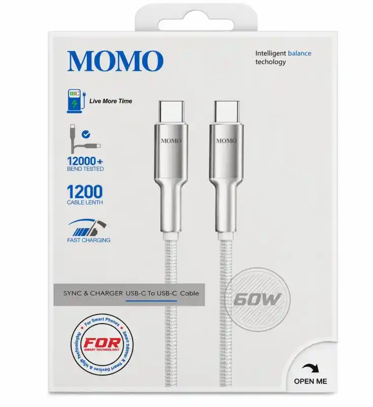 كابل MOMO USB Type-C إلى Type-C للشحن السريع 60 واط بطول 1.2 متر – أبيض