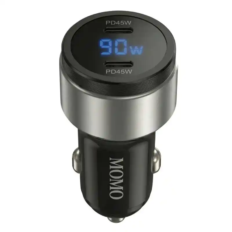 شاحن سيارة MOMO Mini Turbo بمنفذين USB-C بقدرة 90 وات – MO-055504 – أسود