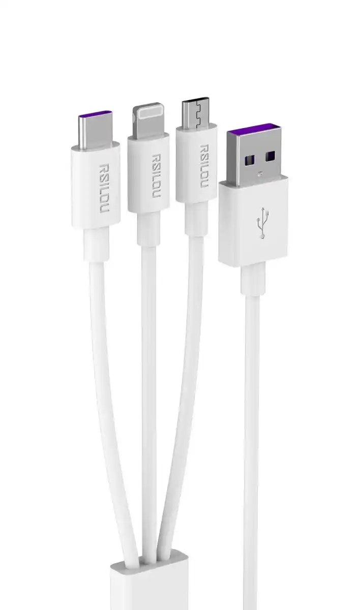 كابل شحن Rsilou 3 في 1 USB-A إلى Lightning وUSB-C وMicro USB بقدرة 120 واط بطول 1.2 متر، R2017-001 - أبيض