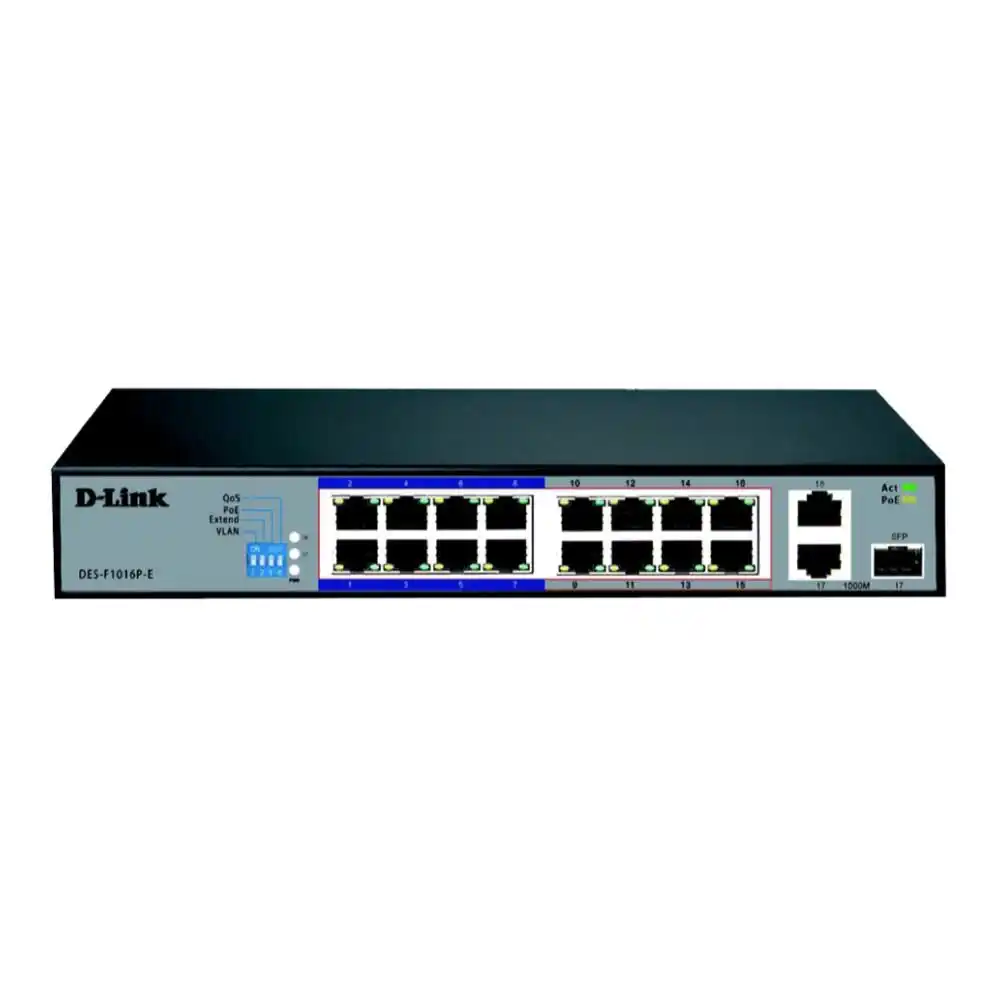 D-Link Unmanaged Switch DGS-F1016P 16 Port Gigabit PoE 16 PoE+ 32 Gbps Desktop