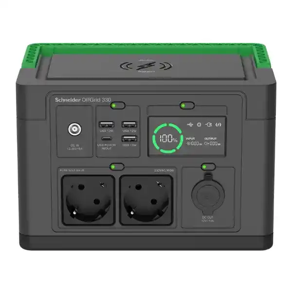 شنايدر اوف غريد PPS330-GR مصدر كهرباء محمول، 230 فولت، 332 واط/ساعة، بطارية ليثيوم أيون، شاشة LCD، منفذان CEE 7/3 Schuko، موجة جيبية، 3 منافذ USB-A، منفذ USB-C، شاحن لاسلكي