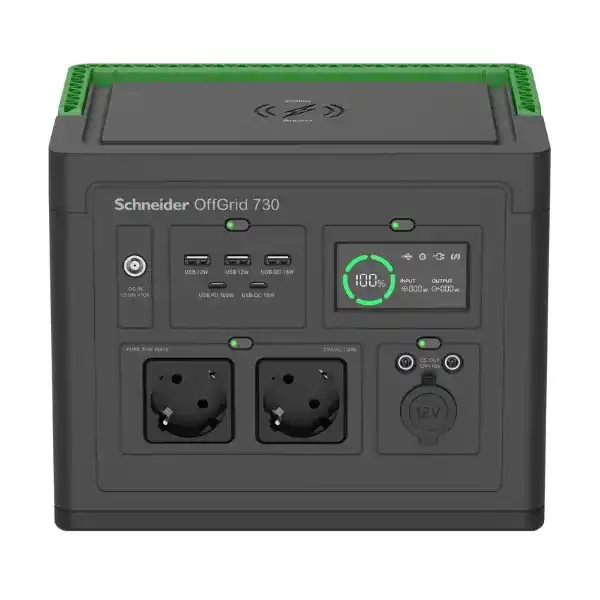 شنايدر اوف غريد PPS730-GR مصدر كهرباء محمول 730، بطارية ليثيوم أيون 738 وات في الساعة، شاشة LCD، منفذان CEE 7/3 Schuko، موجة جيبية، 3 منافذ USB-A، منفذان USB-C، شاحن لاسلكي
