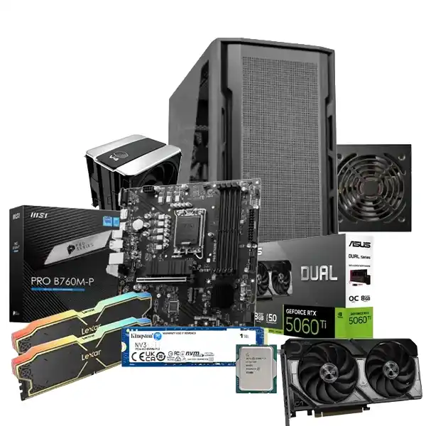تجميعه انتل كور I7-14700F تراي​​ ام اس اي برو B760M-P هارد 1 تيرا اس اس دي 32 جيجا رام ار تي اكس 5060Ti 8GB OC كيسه جيمنج كوجر يونيفيس +​ باور سبلاي كوجر اطلس 750 واط كولر ماستر V4 ألفا 3DHP مبرد هوائي للمعالج​