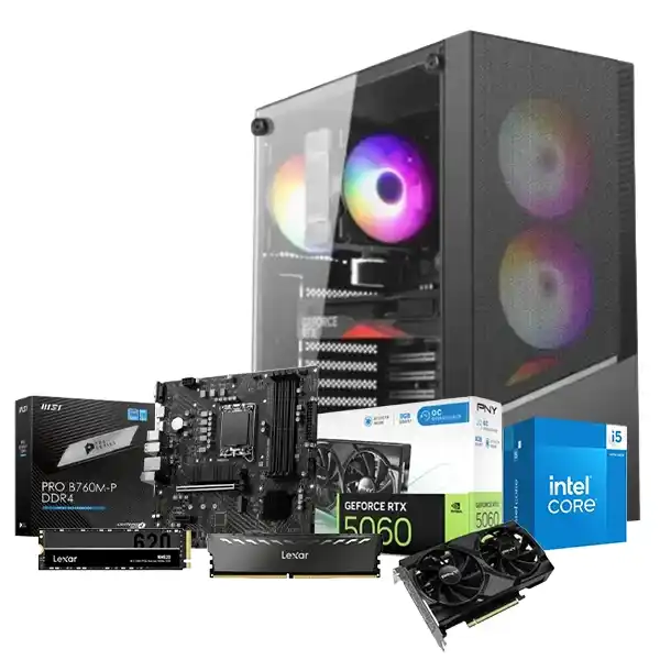 انتل كور i5-14400F ام اس اي برو B760M-P ماذربورد 512 جيجابايت اس اس دي 16 جيجابايت رام ار تي اكس 5060 كيسه زاندر فيلوكس ميش باور سبلاي 700 وات